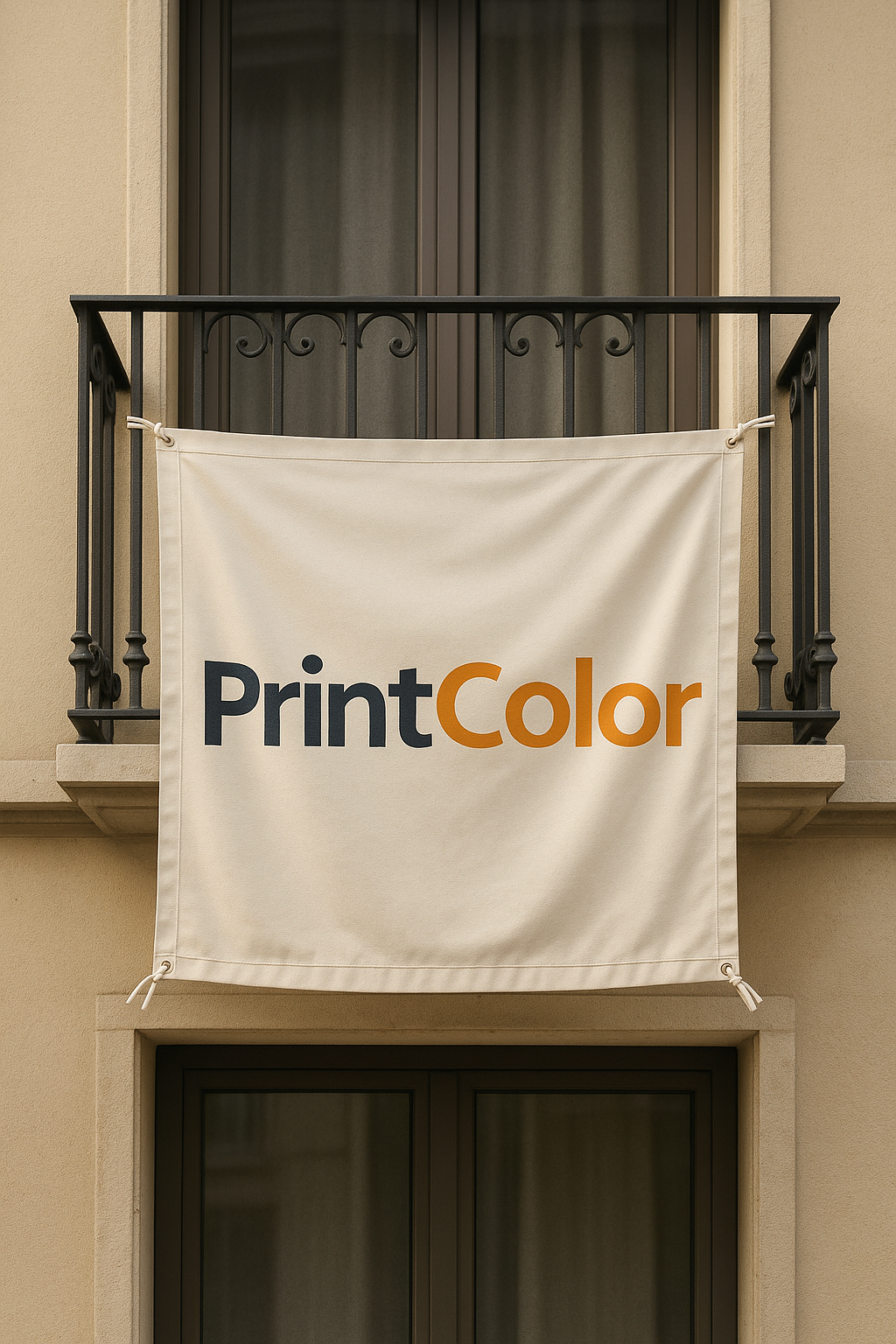 Balconeras personalizadas en PrintColor. Tejido strech 225 g, costura perimetral y lazos de sujeción.